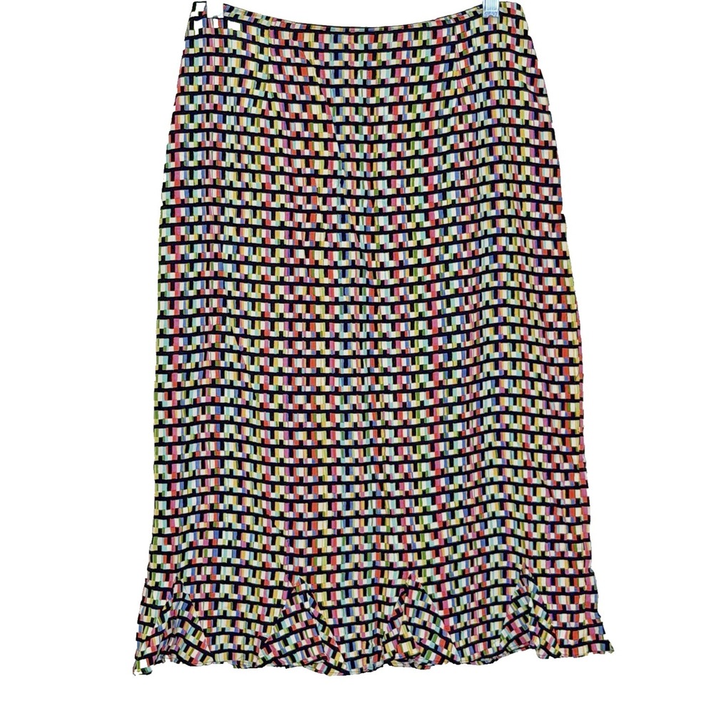 Harold's Tulip Midi Skirt Size 6 Black Multicolor Print Side Zip Silk Vintage